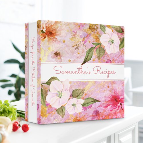 Recipe cookbook vintage floral pink watercolor 3 ring binder