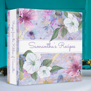 Recipe cookbook, vintage floral purple watercolor 3 ring binder