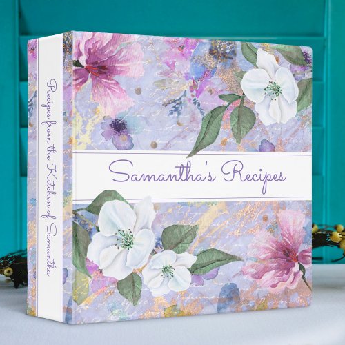 Recipe cookbook vintage floral purple watercolor 3 ring binder