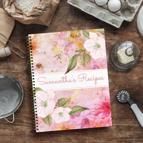 Recipe cookbook vintage pink floral watercolor notebook