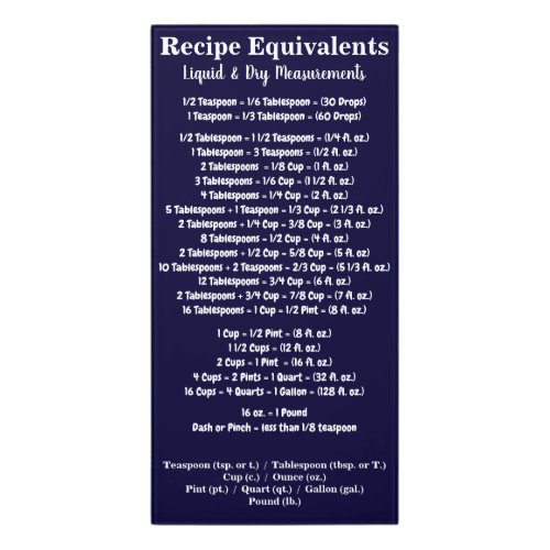 Recipe Equivalents Chart Chalkboard Color Door Sign