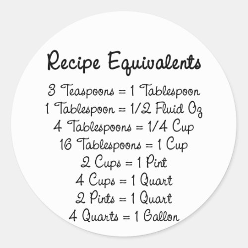 Recipe Equivalents Kitchen Helper Classic Round Sticker