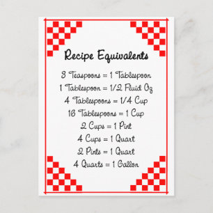 Recipe Equivalents Kitchen Measurements Postcard