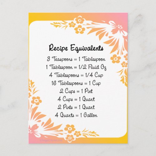 Recipe Equivalents Pastel Floral Postcard