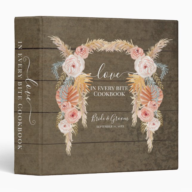 Recipe Floral Blush Pampas Palm Wood Cookbook 3 Ring Binder (Front/Spine)