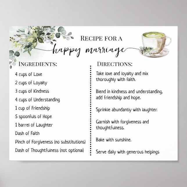 Recipe for a Happy Marriage Greenery Matcha Poster (Front)