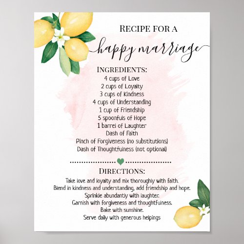 Recipe for a Happy Marriage Lemon Pink Shower Gift Poster