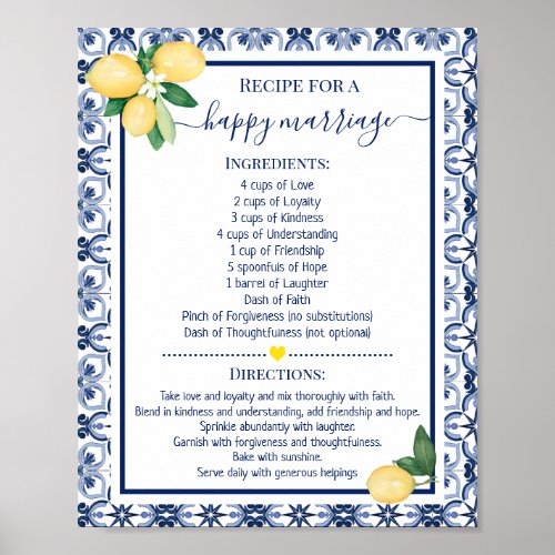 Recipe for a Happy Marriage Lemons Shower Gift Poster