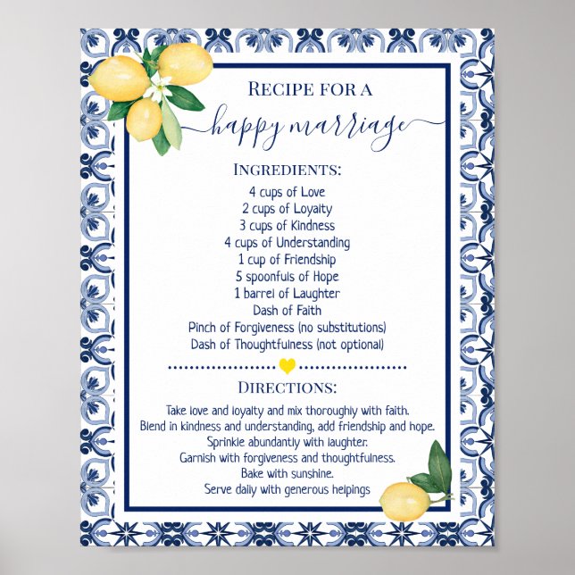 Recipe for a Happy Marriage Lemons Shower Gift Poster (Front)