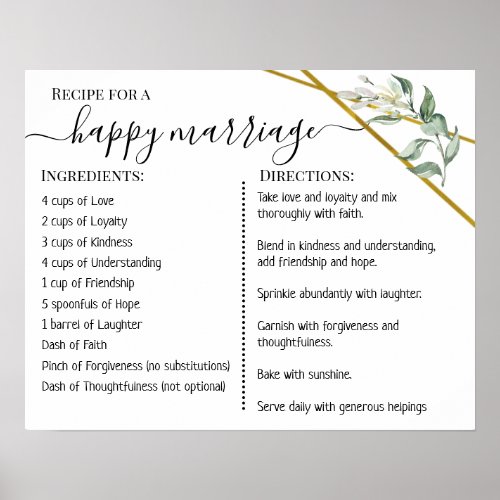 Recipe for a happy marriage newlywed greenery gold poster