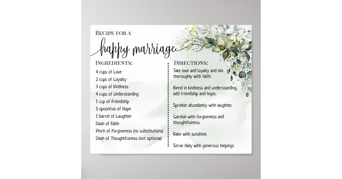 Recipe for a happy marriage newlyweds eucalyptus poster | Zazzle