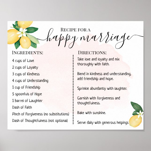 Recipe For A Happy Marriage Newlyweds Lemons Pink Poster (Front)