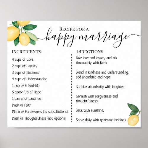 Recipe For A Happy Marriage Newlyweds Lemons Poster