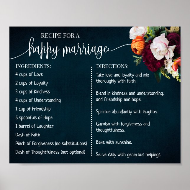 Recipe for a Happy Marriage Newlyweds Navy Wine Poster (Front)