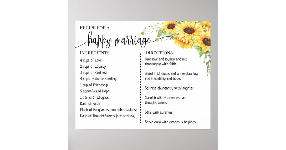 Recipe for a happy marriage newlyweds sunflowers poster Zazzle