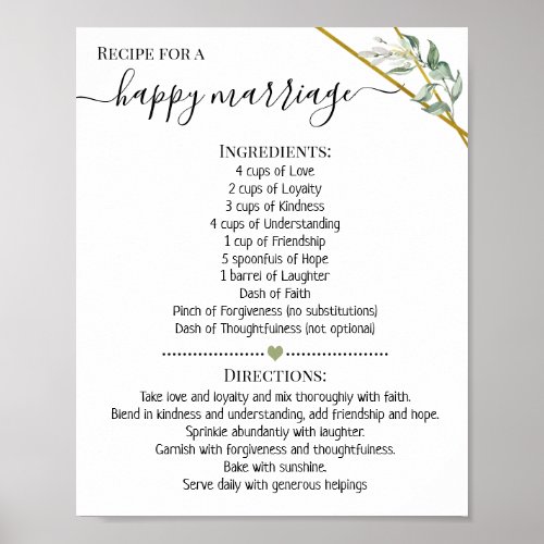 Recipe for a happy marriage shower greenery gift poster