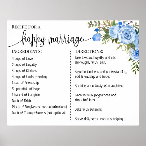 Recipe for a happy marriage sign wedding gift blue