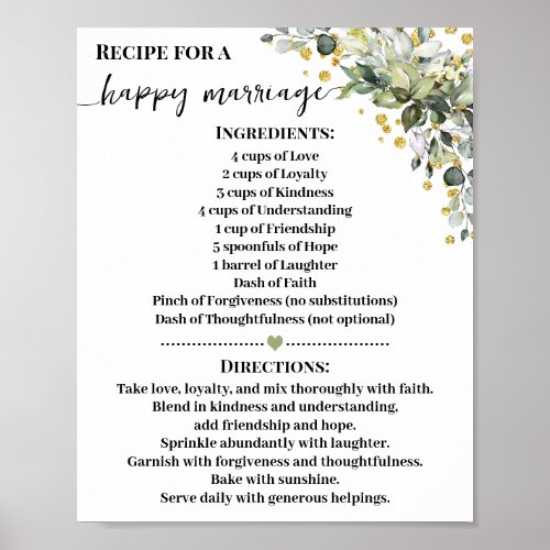 Recipe for Happy Marriage Greenery Gold Gift Poster