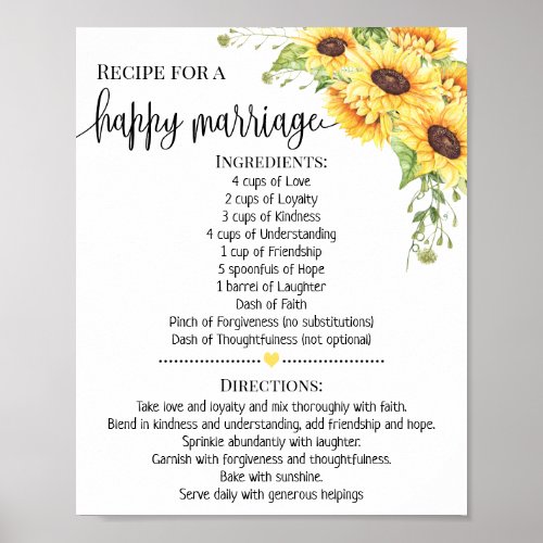 Recipe for happy marriage shower gift sunflower poster