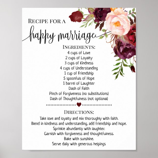 Recipe for happy marriage shower marsala gift sign (Front)