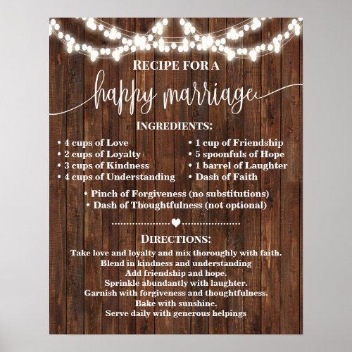 Recipe for Happy Marriage Wedding Country Gift Poster