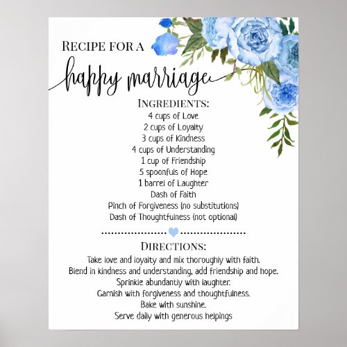 Recipe for Happy Marriage Wedding Shower Gift Blue Poster