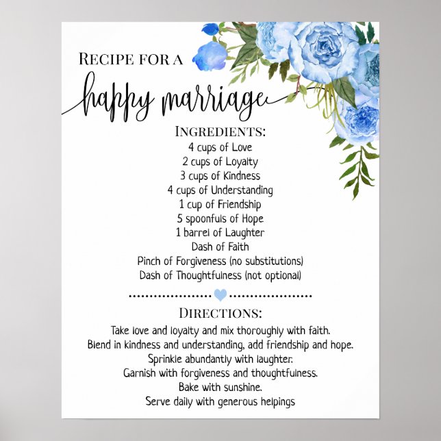 Recipe for Happy Marriage Wedding Shower Gift Blue Poster (Front)