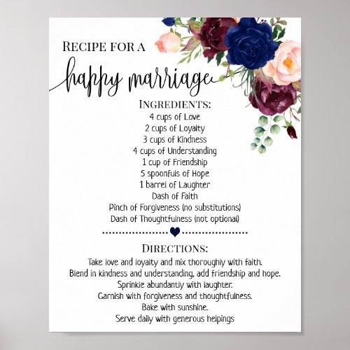 Recipe for happy marriage wedding shower navy gift poster