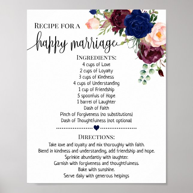 Recipe for happy marriage wedding shower navy gift poster (Front)