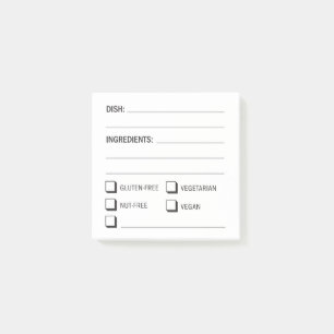 Recipe ingredients and food allergy checklist post-it notes