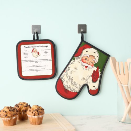 Recipe keepsake Christmas Cookies Vintage Santa Oven Mitt  Pot Holder Set