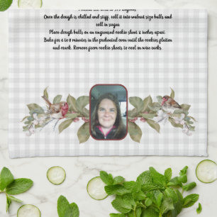 Recipe Keepsake photo and floral tan gray plaid Kitchen Towel