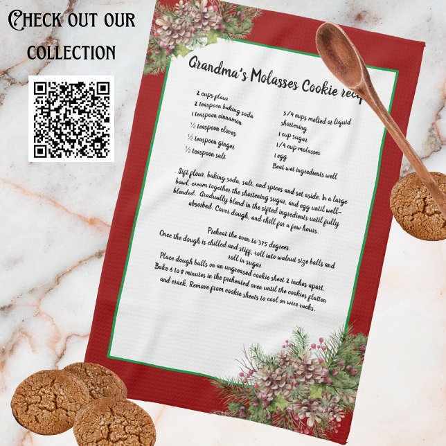 Recipe keepsake Red  Christmas Pinecones Greenery  Kitchen Towel (Creator Uploaded)