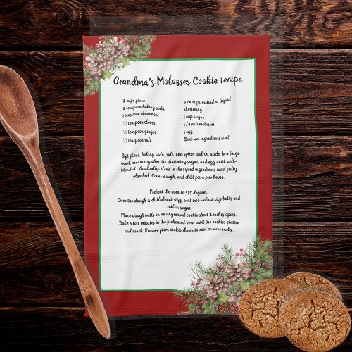 Recipe keepsake Red  Christmas Pinecones Greenery  Kitchen Towel