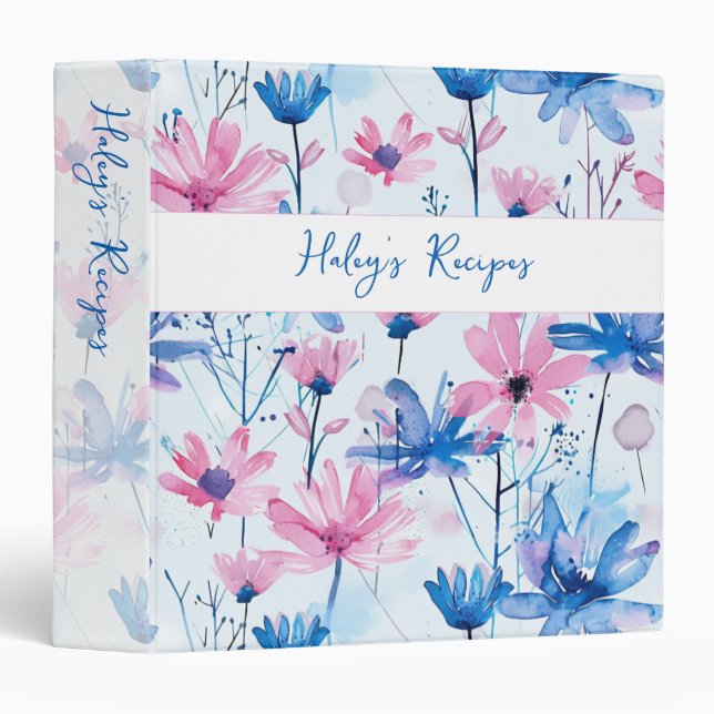 Recipe Kitchen Pink Floral Blue Script 3 Ring Binder (Front/Spine)