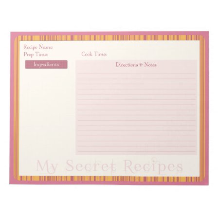 Recipe Notepad In Warm Pink And Yellow Stripe