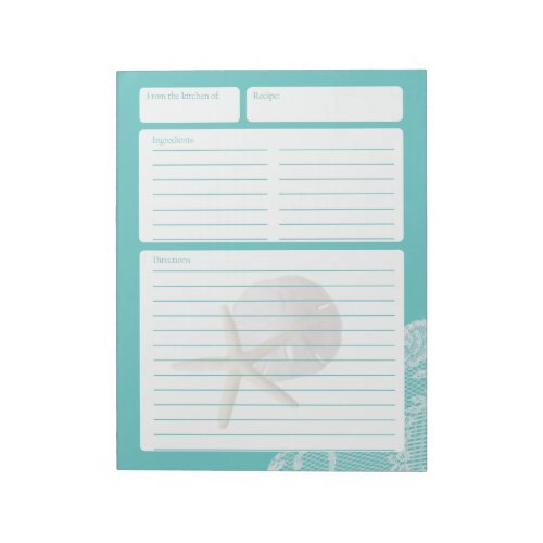 Recipe Page Aqua Sand Dollar and Lace Notepad