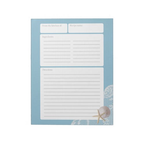 Recipe Page Blue Sand Dollar and Lace Notepad