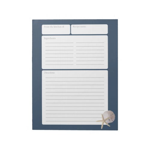Recipe Page Blue Sand Dollar and Starfish Notepad