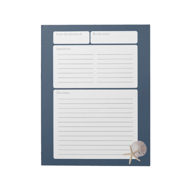Recipe Page Blue Sand Dollar and Starfish Notepad (Rotated)