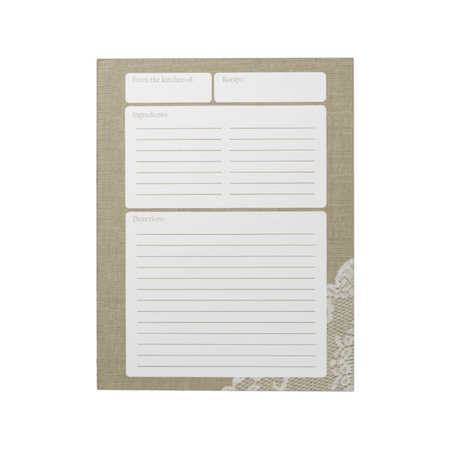 Recipe Page Burlap and Lace Notepad (Rotated)