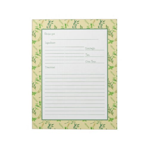 Recipe Page for Green Herb Leaves Binder Notepad