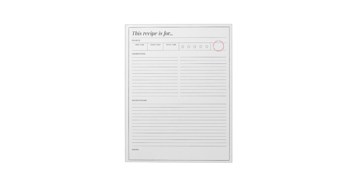 Recipe Page With Star Rating Notepad | Zazzle