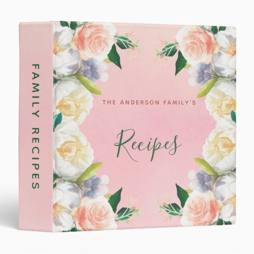 Recipe pink florals white peach family 3 ring binder