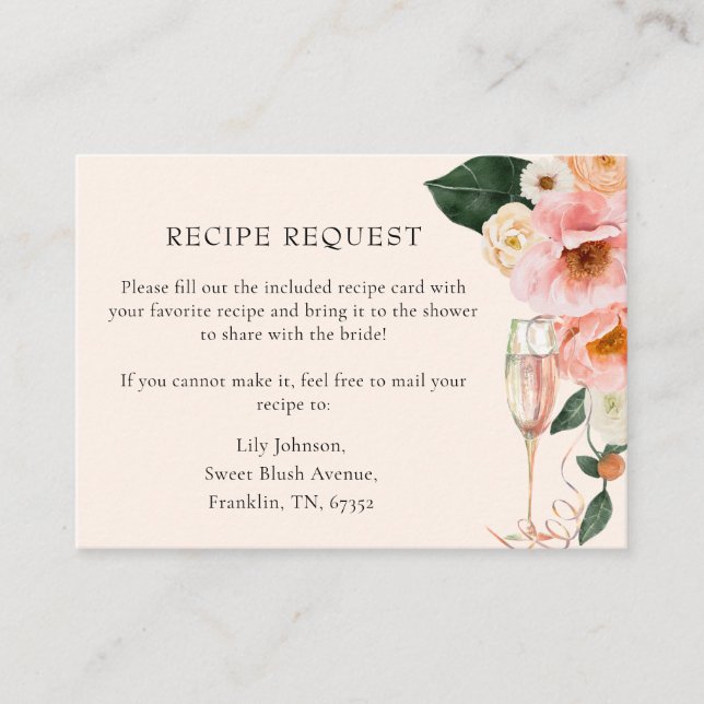 Recipe Request Pink Floral Champagne Enclosure Card (Front)
