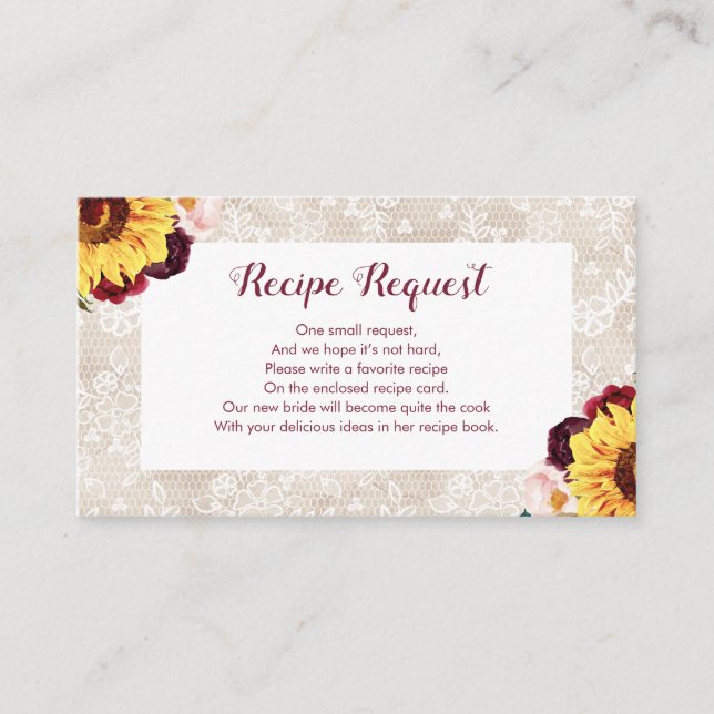 Recipe Request Sunflower Burgundy Floral Lace Enclosure Card (Front)