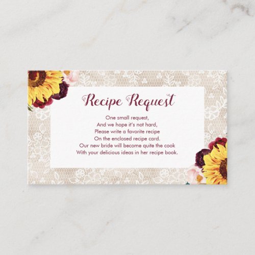 Recipe Request Sunflower Burgundy Floral Lace Enclosure Card