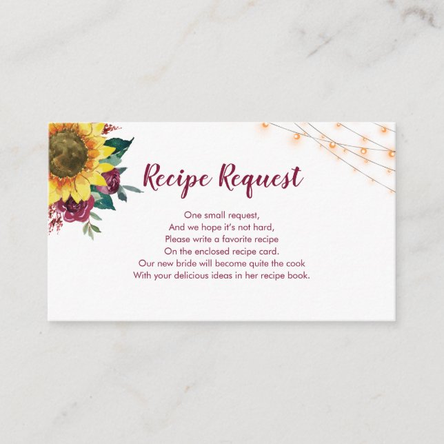 Recipe Request Sunflower Burgundy Rose Enclosure Card (Front)