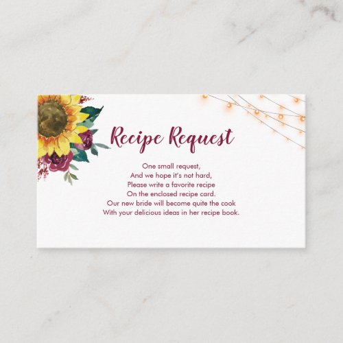 Recipe Request Sunflower Burgundy Rose Enclosure Card
