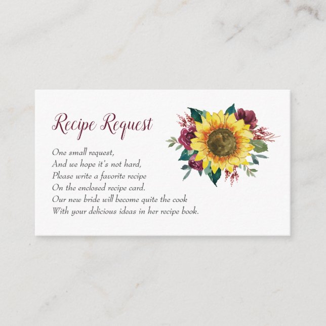 Recipe Request Sunflower Burgundy Rose  Enclosure Card (Front)